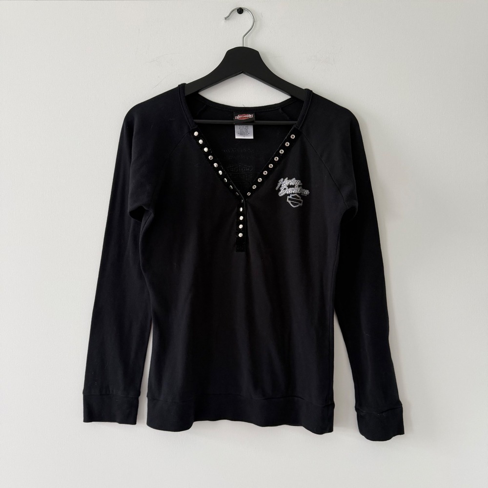Harley Davidson Women L Black Studded V-Neck Long Sleeve Warsaw Poland Shirt